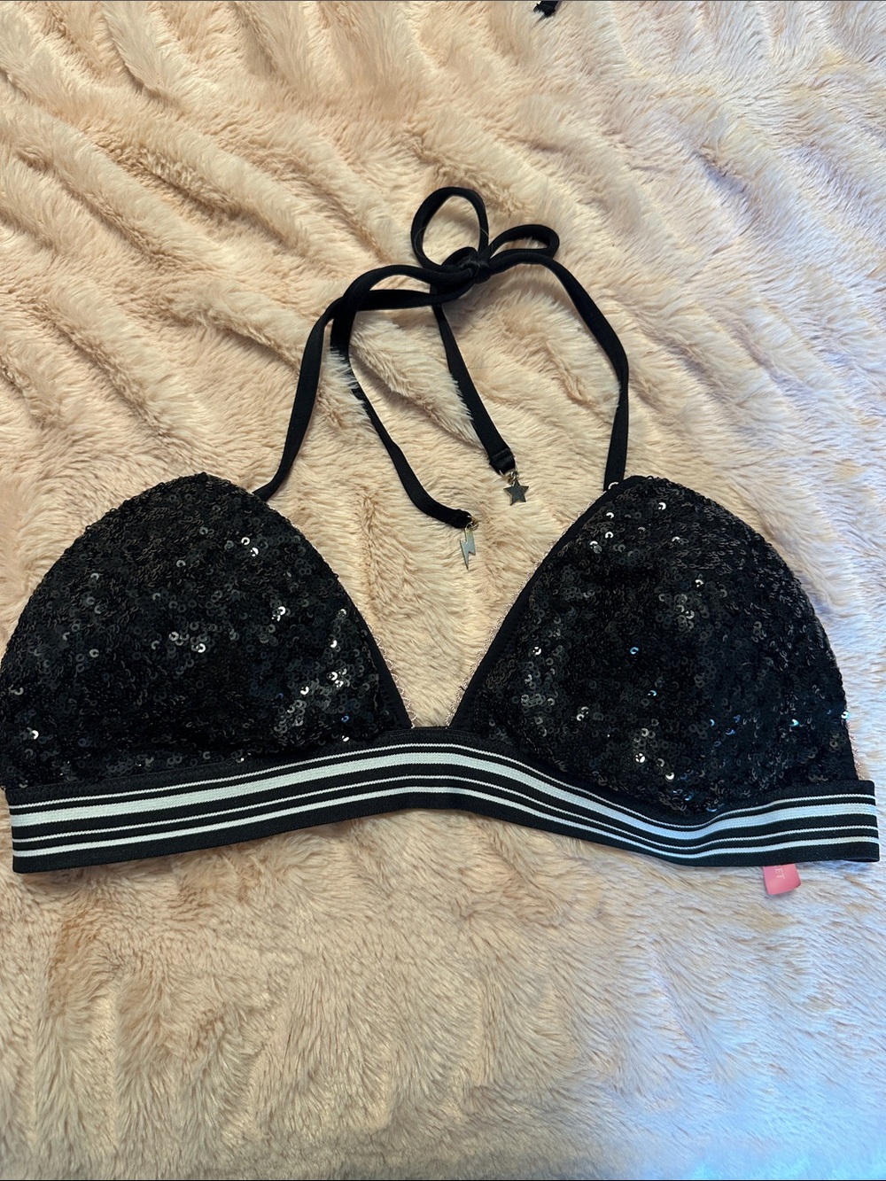Victoria's Secret Black Sequin Triangle Bralette with Striped Band